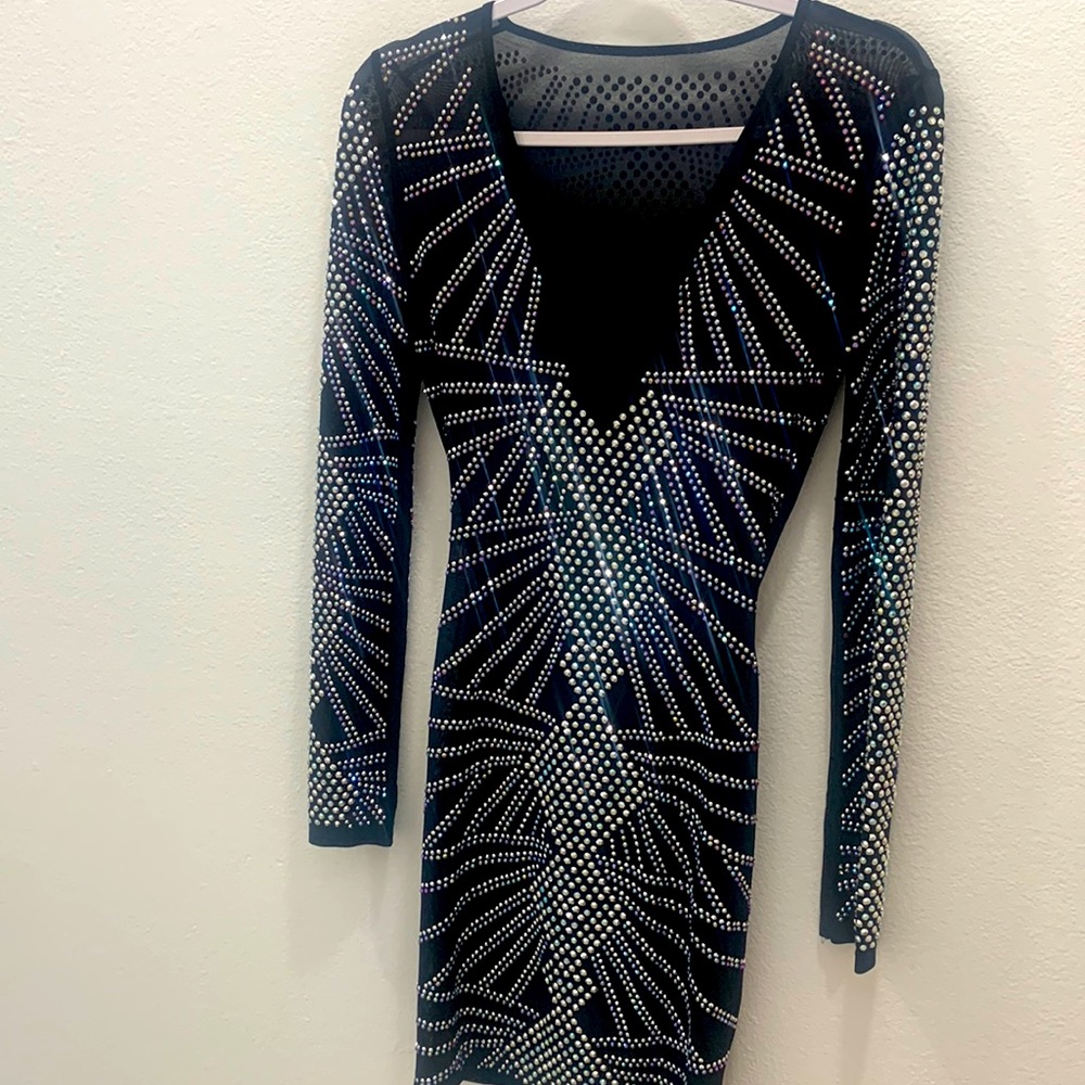 Black mini rhinestones see through dress with underwear underneath